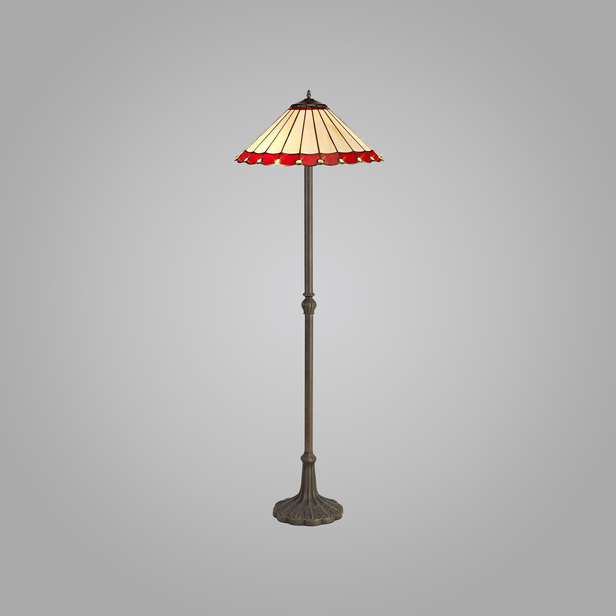 NLK03029 Umbrian 2 Light Leaf Design Floor Lamp With 40cm Tiffany Shade Red/Chrome/Crystal/Aged Antique Brass