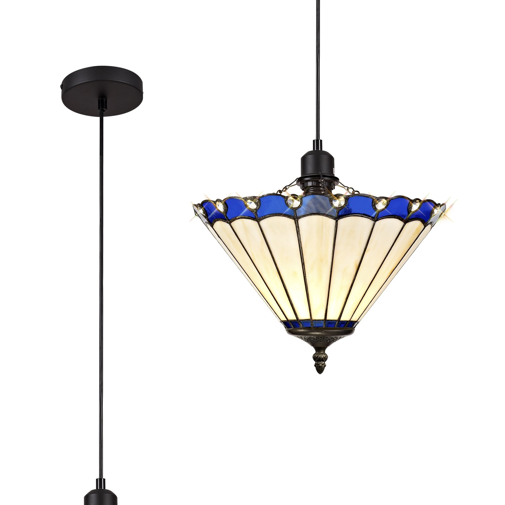 NLK03049 Umbrian 1 Light Up Lighter Pendant With 30cm Tiffany Shade Blue/Chrome/Crystal/Black