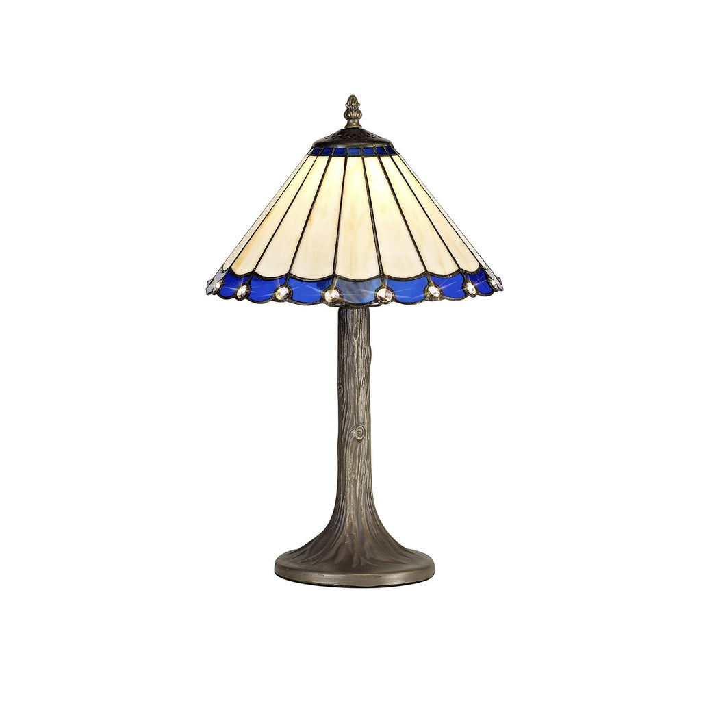 NLK03059 Umbrian 1 Light Tree Like Table Lamp With 30cm Tiffany Shade Blue/Chrome/Crystal/Aged Antique Brass