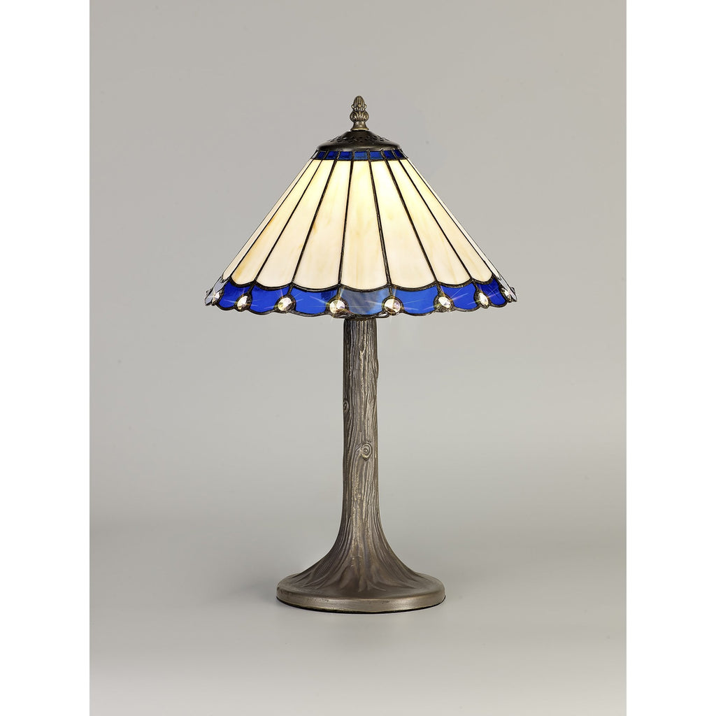 NLK03059 Umbrian 1 Light Tree Like Table Lamp With 30cm Tiffany Shade Blue/Chrome/Crystal/Aged Antique Brass
