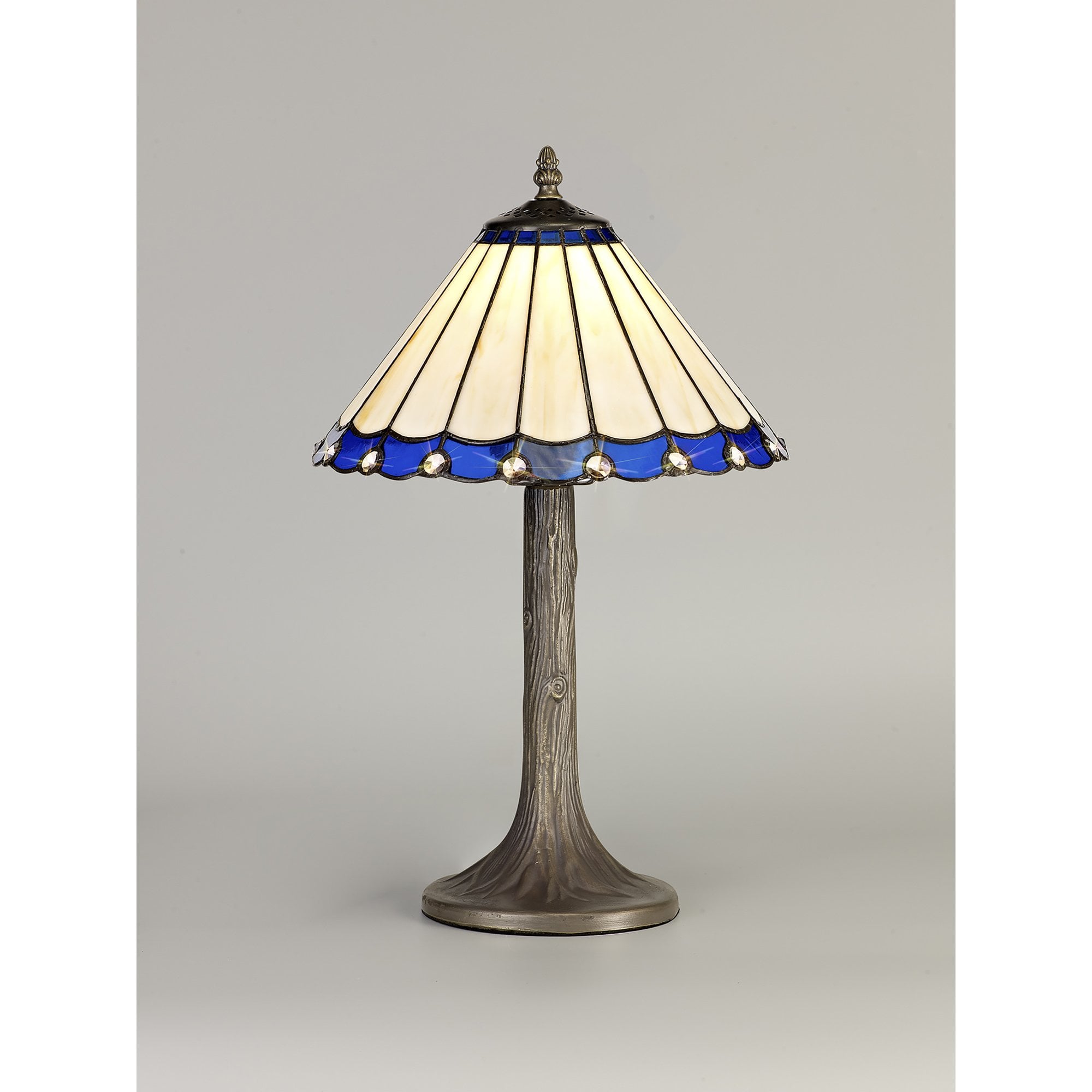 NLK03059 Umbrian 1 Light Tree Like Table Lamp With 30cm Tiffany Shade Blue/Chrome/Crystal/Aged Antique Brass