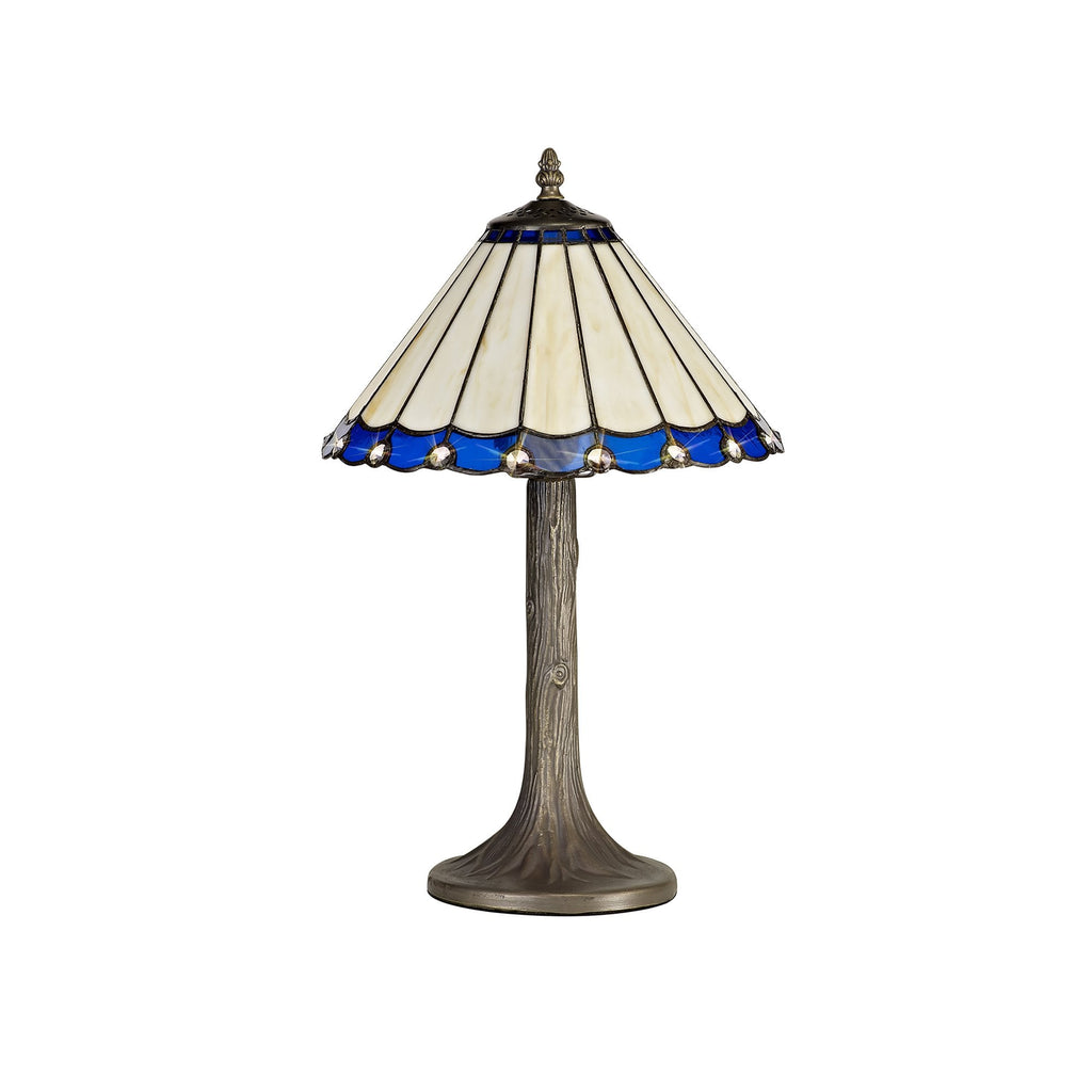 NLK03059 Umbrian 1 Light Tree Like Table Lamp With 30cm Tiffany Shade Blue/Chrome/Crystal/Aged Antique Brass