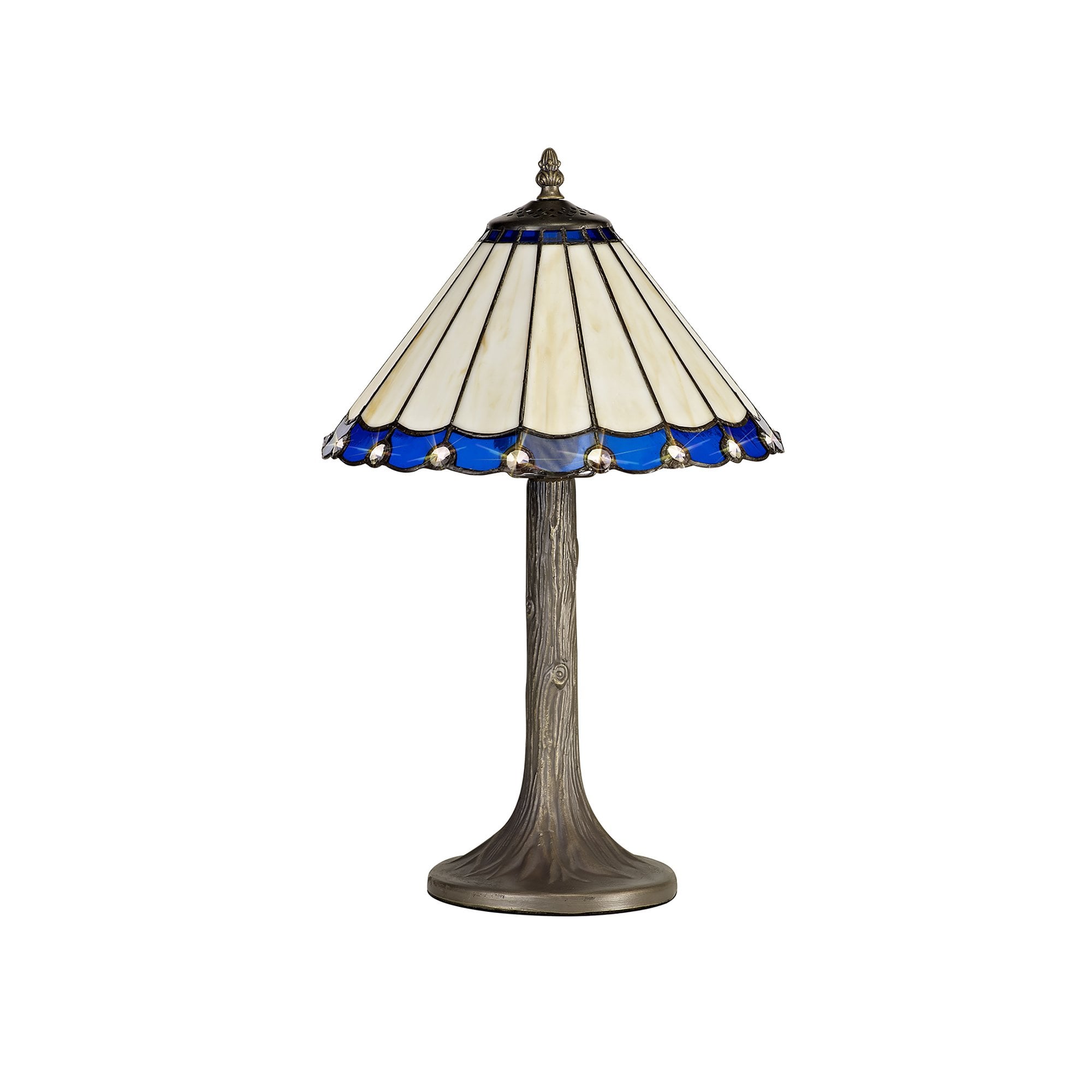 NLK03059 Umbrian 1 Light Tree Like Table Lamp With 30cm Tiffany Shade Blue/Chrome/Crystal/Aged Antique Brass
