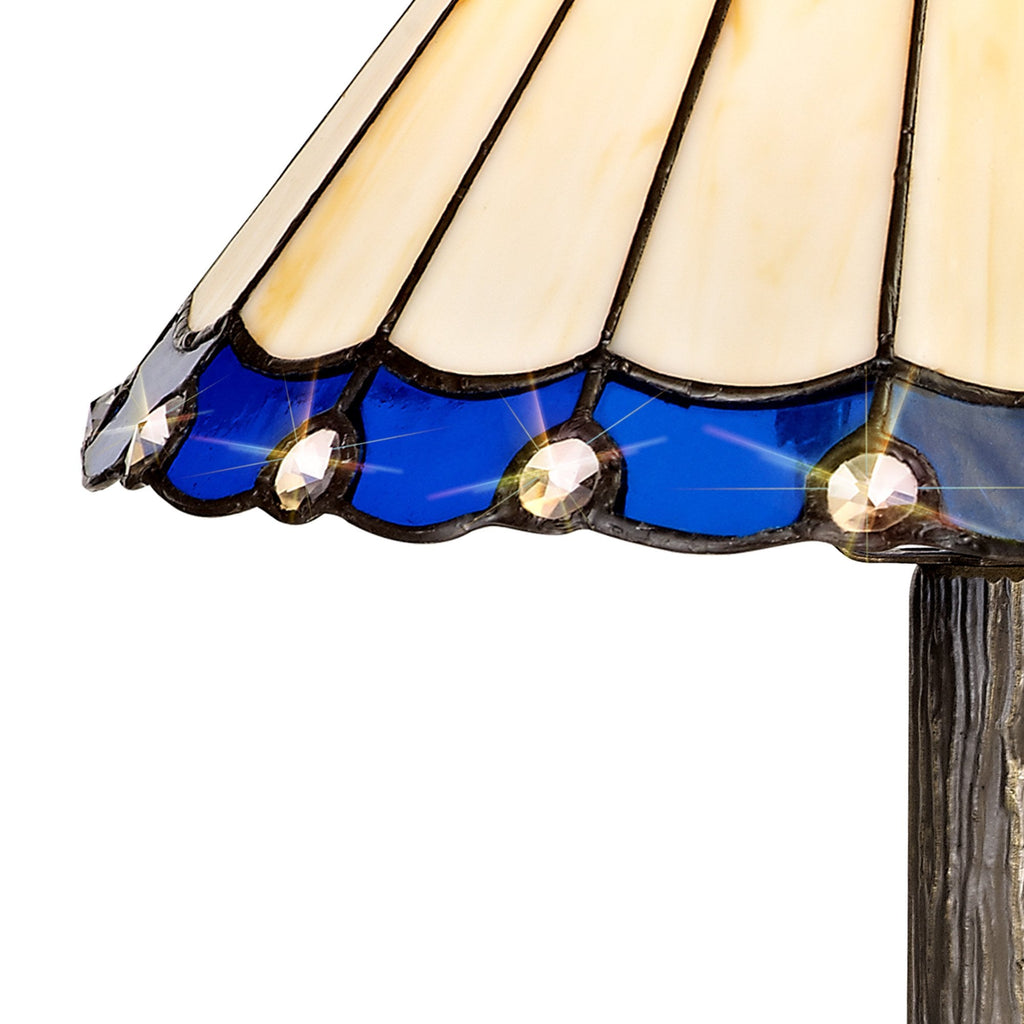 NLK03059 Umbrian 1 Light Tree Like Table Lamp With 30cm Tiffany Shade Blue/Chrome/Crystal/Aged Antique Brass