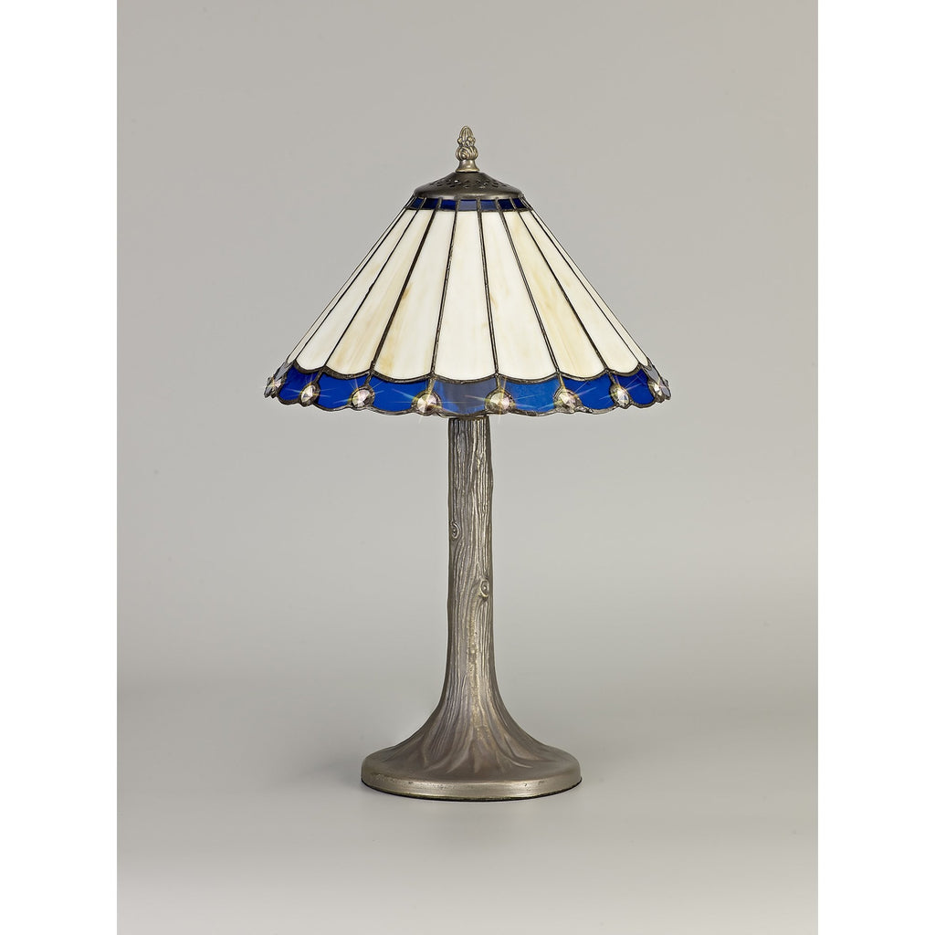 NLK03059 Umbrian 1 Light Tree Like Table Lamp With 30cm Tiffany Shade Blue/Chrome/Crystal/Aged Antique Brass
