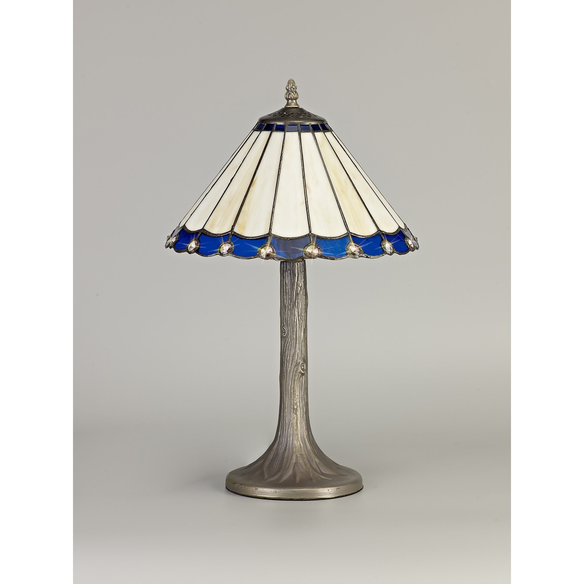NLK03059 Umbrian 1 Light Tree Like Table Lamp With 30cm Tiffany Shade Blue/Chrome/Crystal/Aged Antique Brass