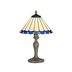 NLK03069 Umbrian 1 Light Curved Table Lamp With 30cm Tiffany Shade Blue/Chrome/Crystal/Aged Antique Brass