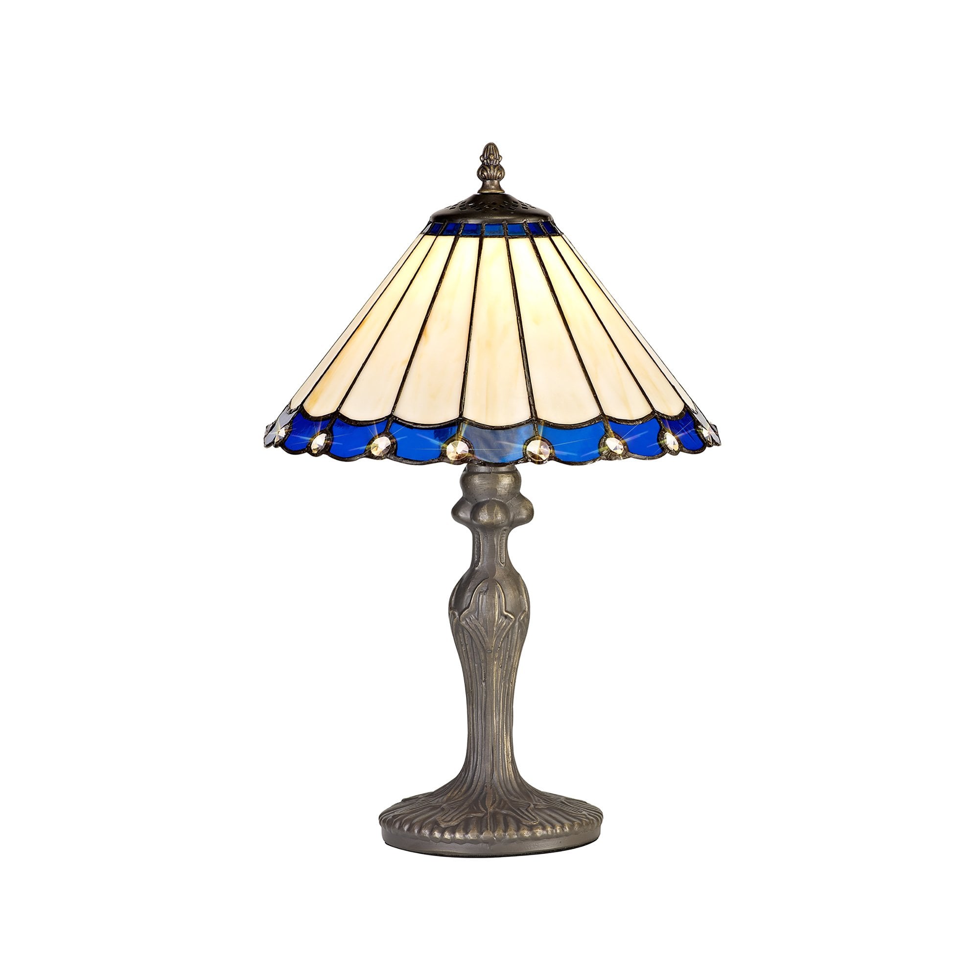 NLK03069 Umbrian 1 Light Curved Table Lamp With 30cm Tiffany Shade Blue/Chrome/Crystal/Aged Antique Brass