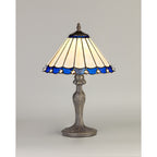 NLK03069 Umbrian 1 Light Curved Table Lamp With 30cm Tiffany Shade Blue/Chrome/Crystal/Aged Antique Brass