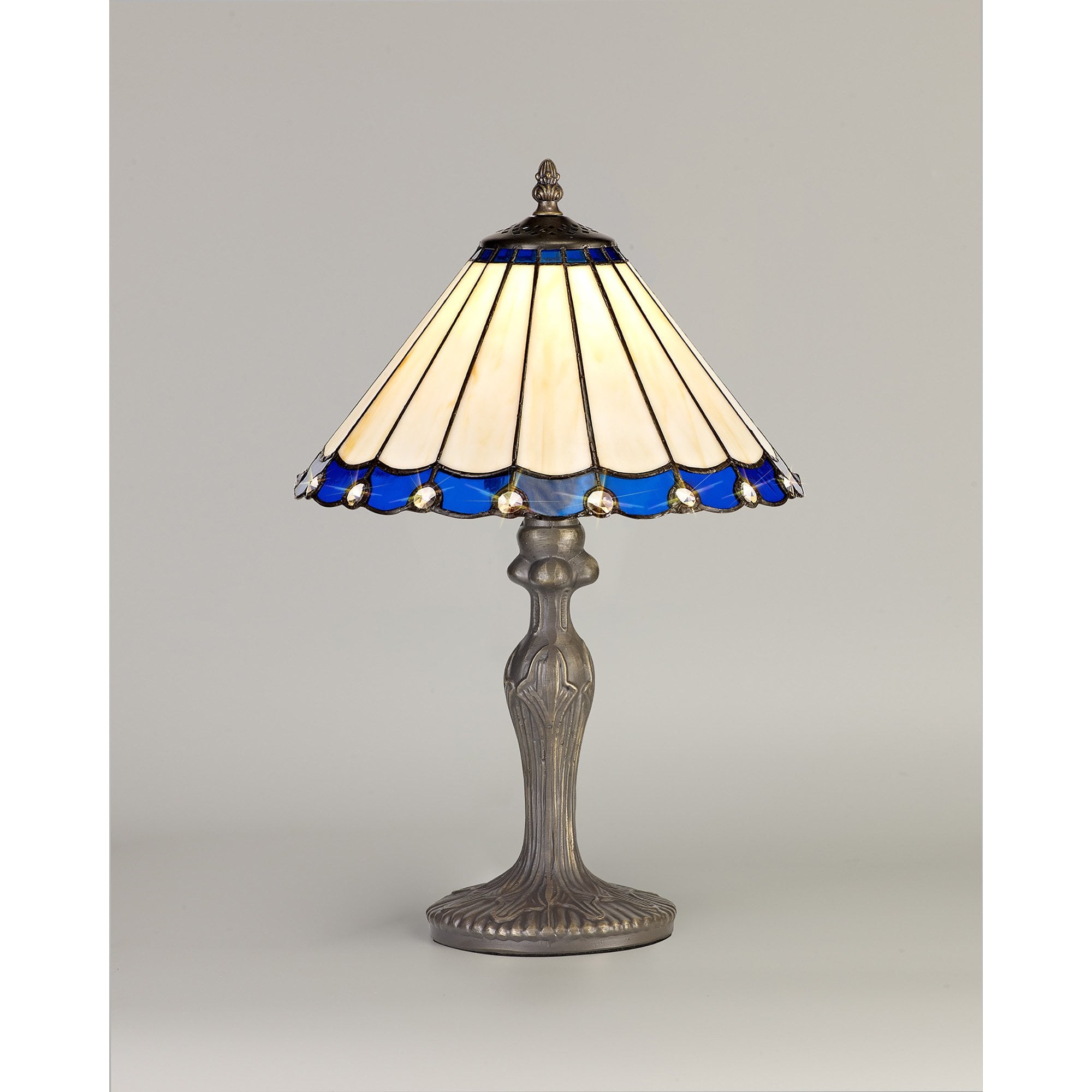 NLK03069 Umbrian 1 Light Curved Table Lamp With 30cm Tiffany Shade Blue/Chrome/Crystal/Aged Antique Brass