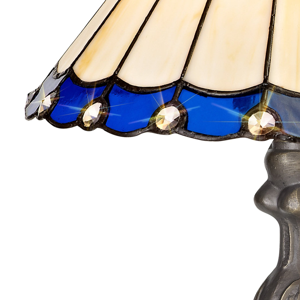 NLK03069 Umbrian 1 Light Curved Table Lamp With 30cm Tiffany Shade Blue/Chrome/Crystal/Aged Antique Brass