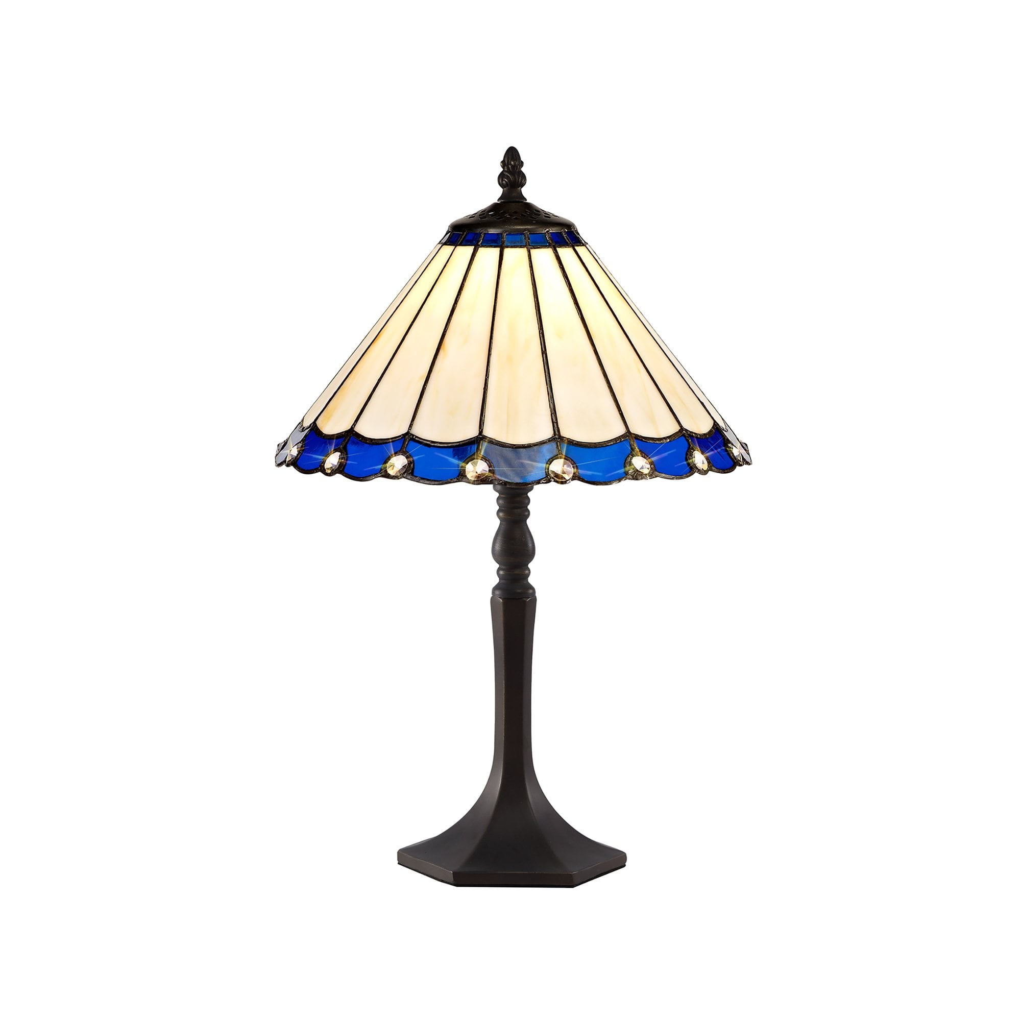 NLK03079 Umbrian 1 Light Octagonal Table Lamp With 30cm Tiffany Shade Blue/Chrome/Crystal/Aged Antique Brass