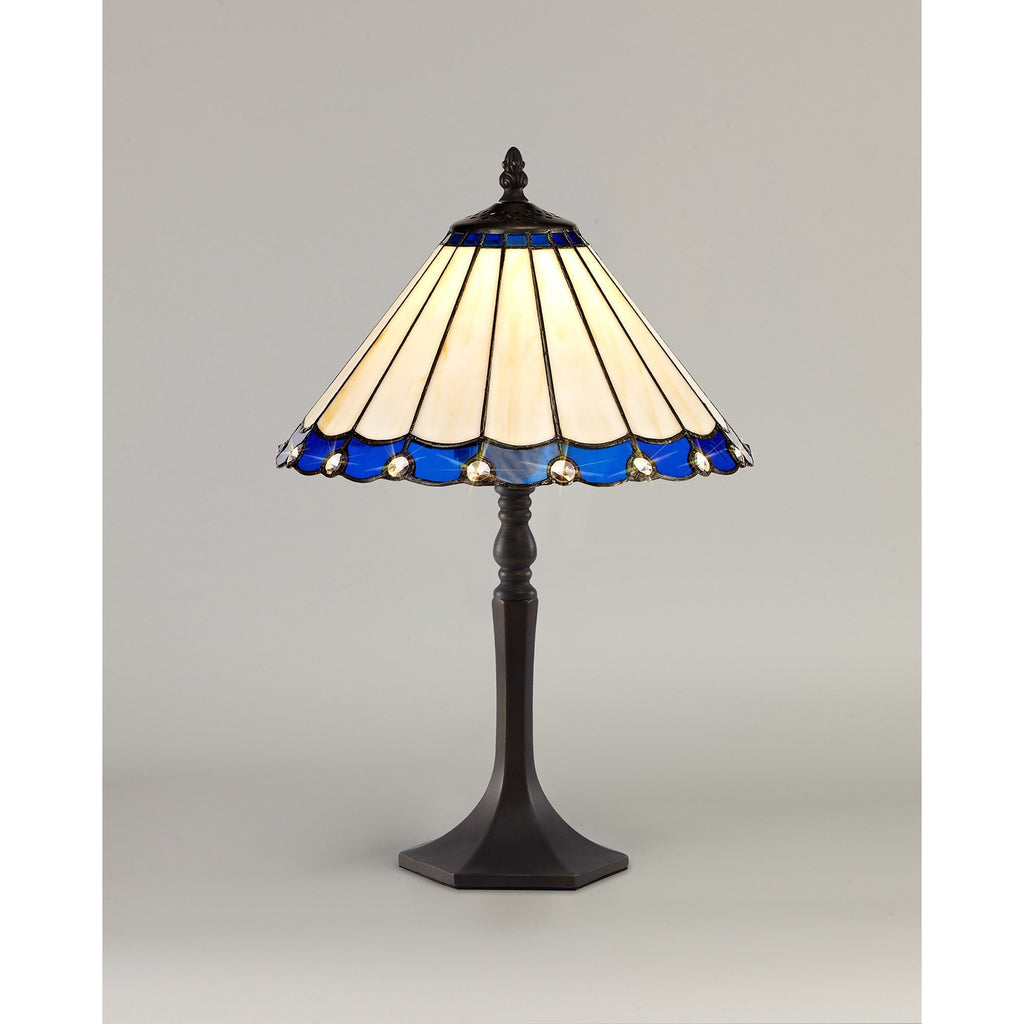 NLK03079 Umbrian 1 Light Octagonal Table Lamp With 30cm Tiffany Shade Blue/Chrome/Crystal/Aged Antique Brass