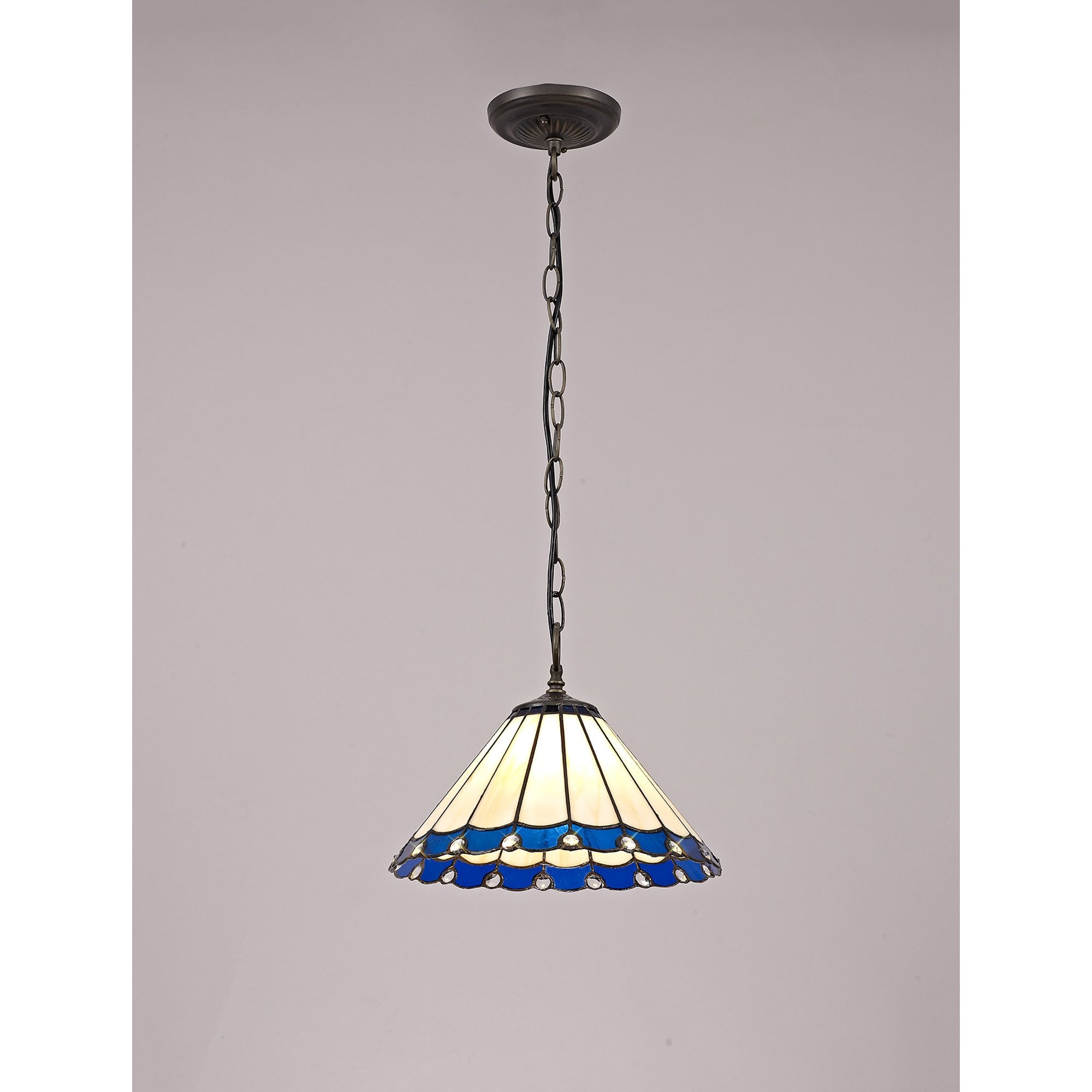 NLK03089 Umbrian 1 Light Down Lighter Pendant With 30cm Tiffany Shade Blue/Chrome/Crystal/Aged Antique Brass