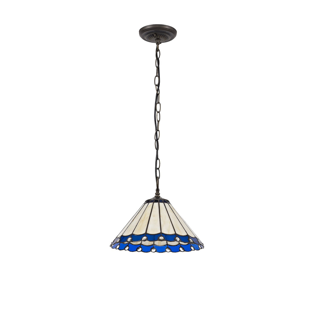 NLK03089 Umbrian 1 Light Down Lighter Pendant With 30cm Tiffany Shade Blue/Chrome/Crystal/Aged Antique Brass