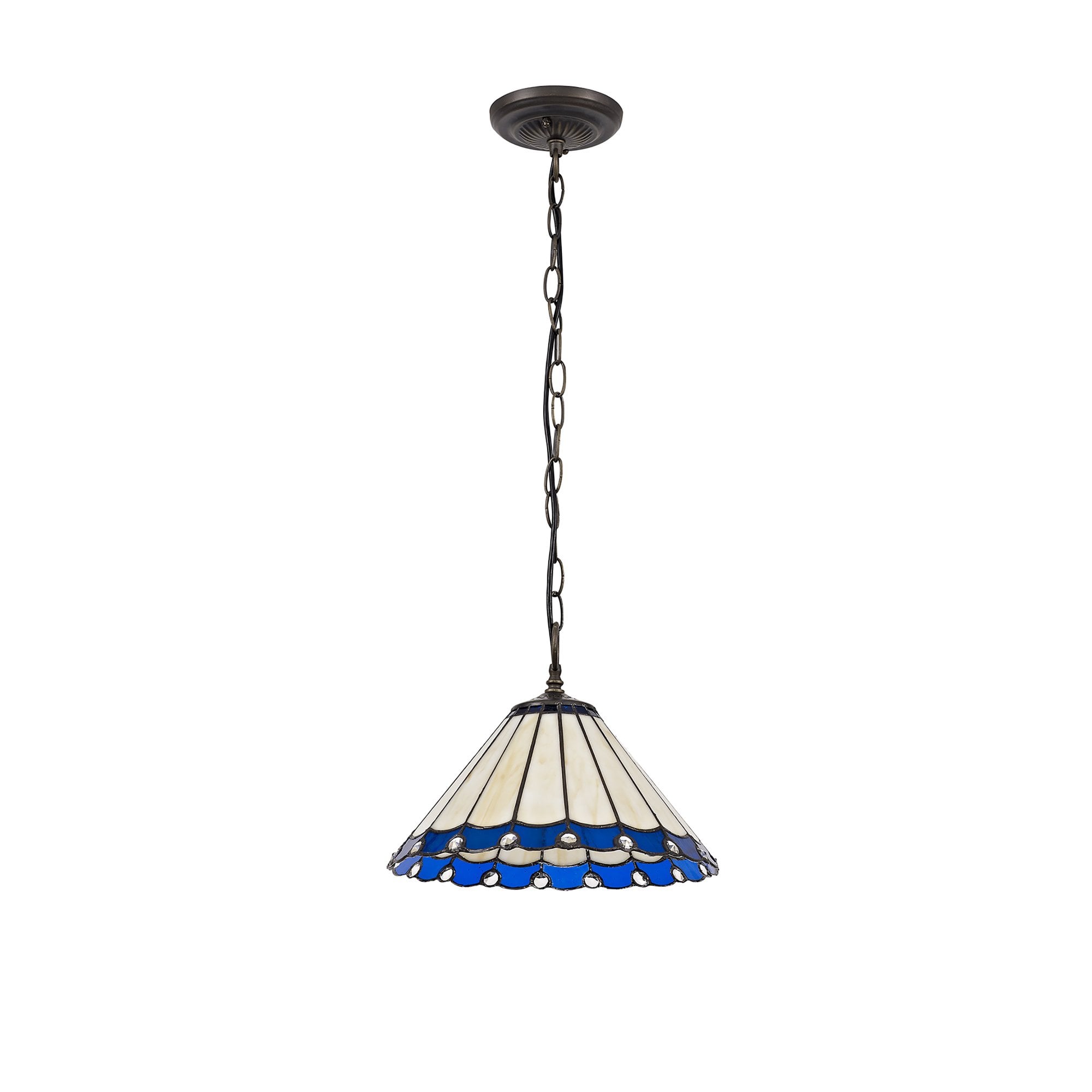 NLK03089 Umbrian 1 Light Down Lighter Pendant With 30cm Tiffany Shade Blue/Chrome/Crystal/Aged Antique Brass