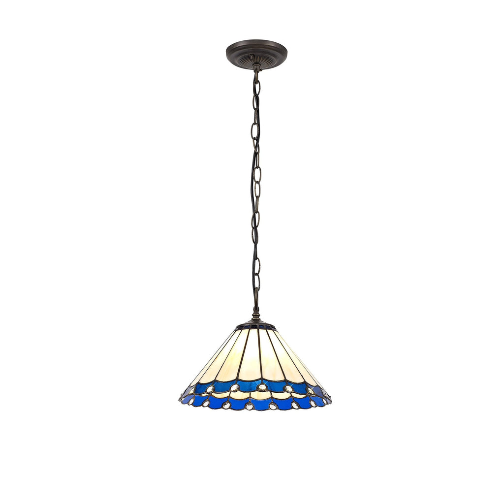 NLK03089 Umbrian 1 Light Down Lighter Pendant With 30cm Tiffany Shade Blue/Chrome/Crystal/Aged Antique Brass
