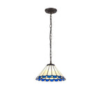NLK03089 Umbrian 1 Light Down Lighter Pendant With 30cm Tiffany Shade Blue/Chrome/Crystal/Aged Antique Brass