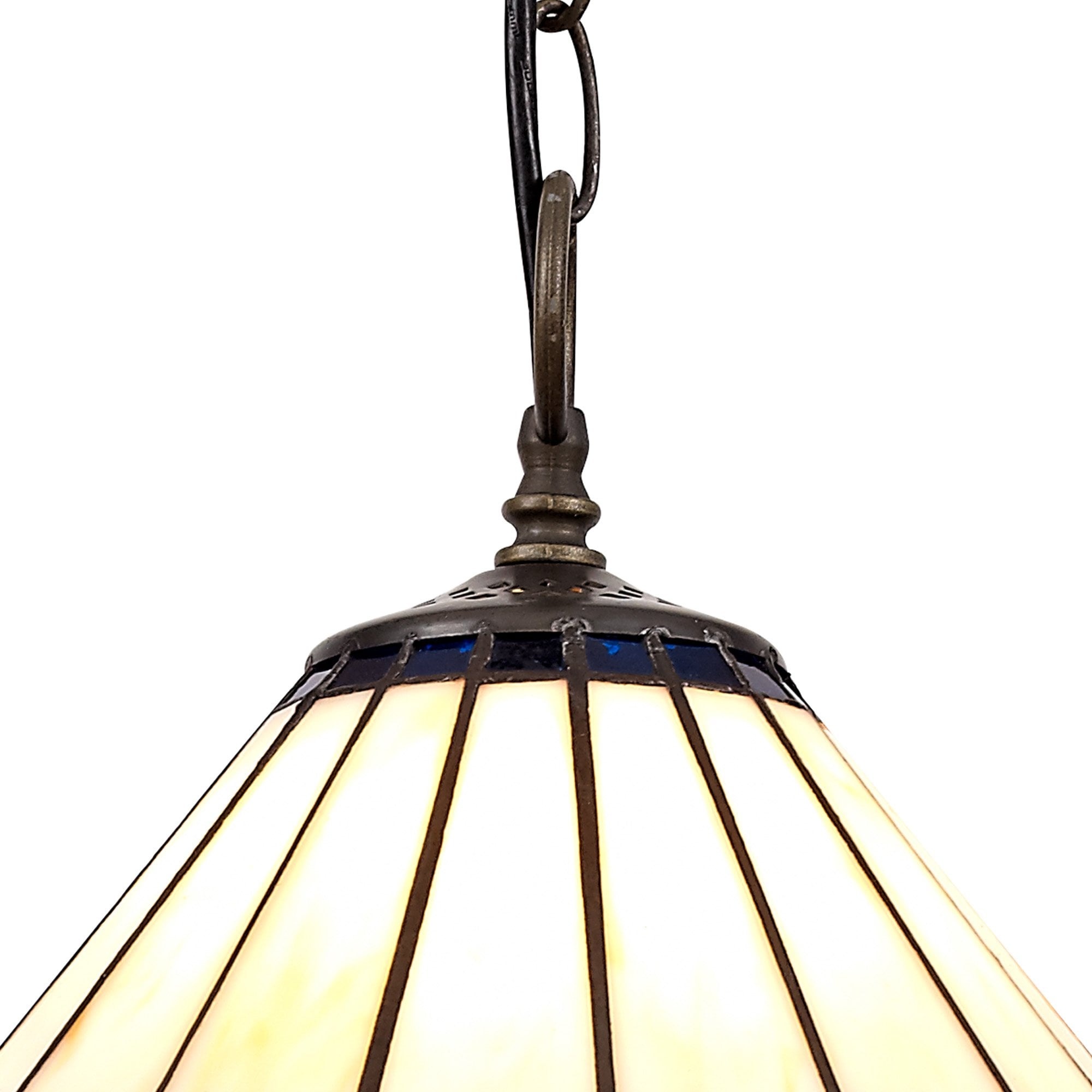 NLK03089 Umbrian 1 Light Down Lighter Pendant With 30cm Tiffany Shade Blue/Chrome/Crystal/Aged Antique Brass