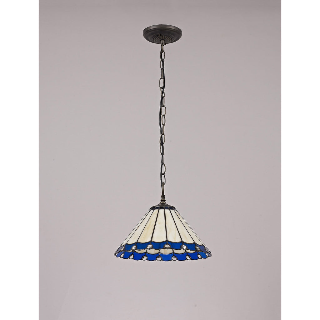 NLK03089 Umbrian 1 Light Down Lighter Pendant With 30cm Tiffany Shade Blue/Chrome/Crystal/Aged Antique Brass