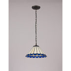 NLK03089 Umbrian 1 Light Down Lighter Pendant With 30cm Tiffany Shade Blue/Chrome/Crystal/Aged Antique Brass