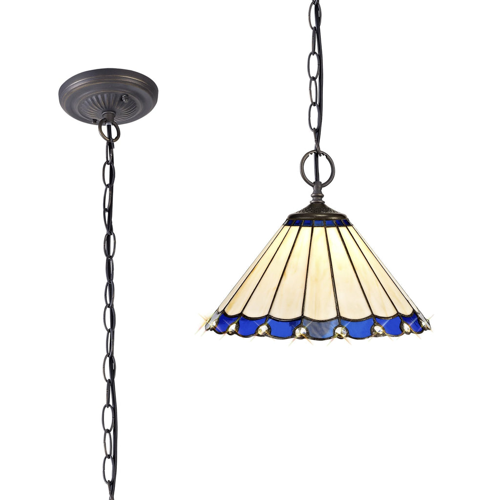 NLK03099 Umbrian 2 Light Down Lighter Pendant With 30cm Tiffany Shade Blue/Chrome/Crystal/Aged Antique Brass