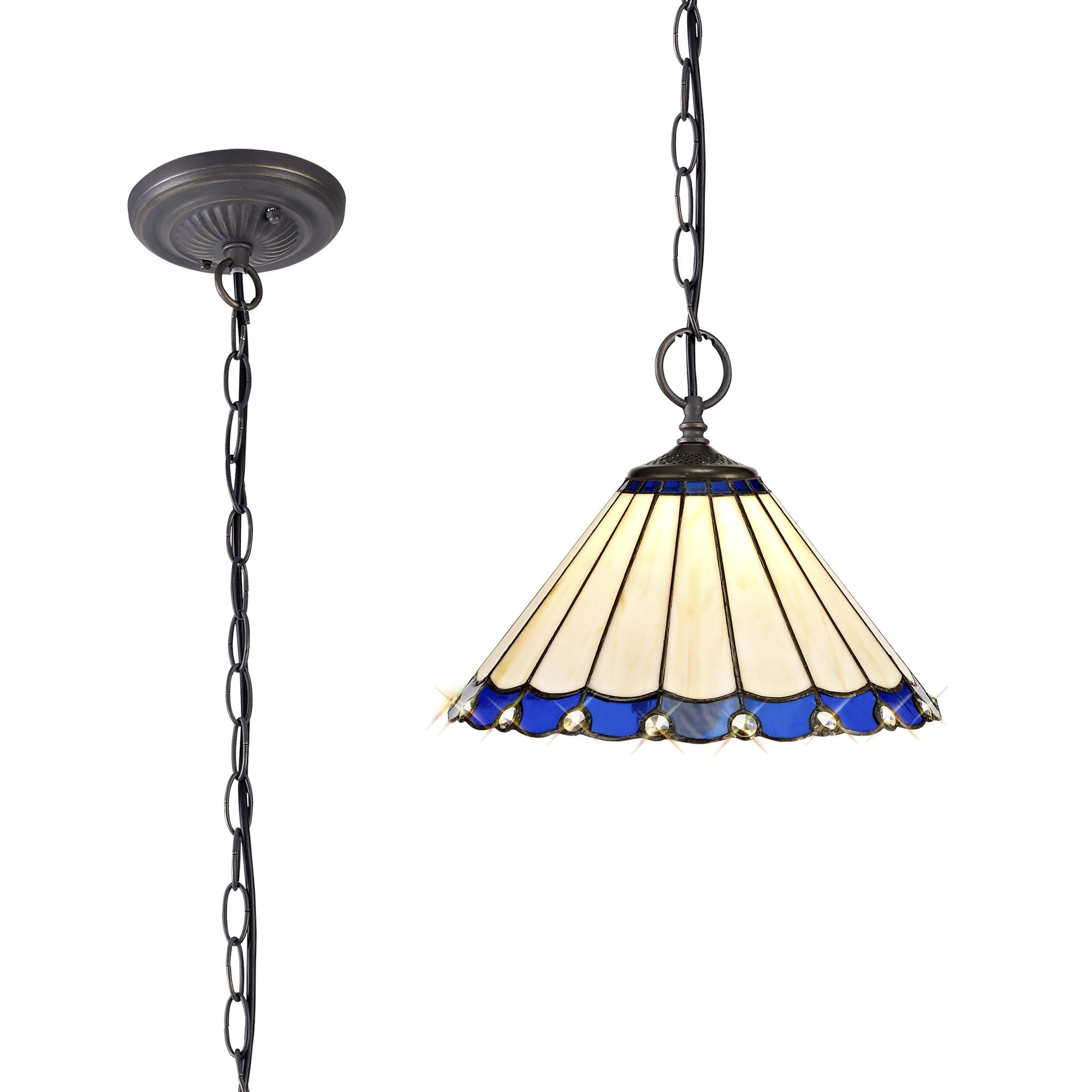 NLK03099 Umbrian 2 Light Down Lighter Pendant With 30cm Tiffany Shade Blue/Chrome/Crystal/Aged Antique Brass