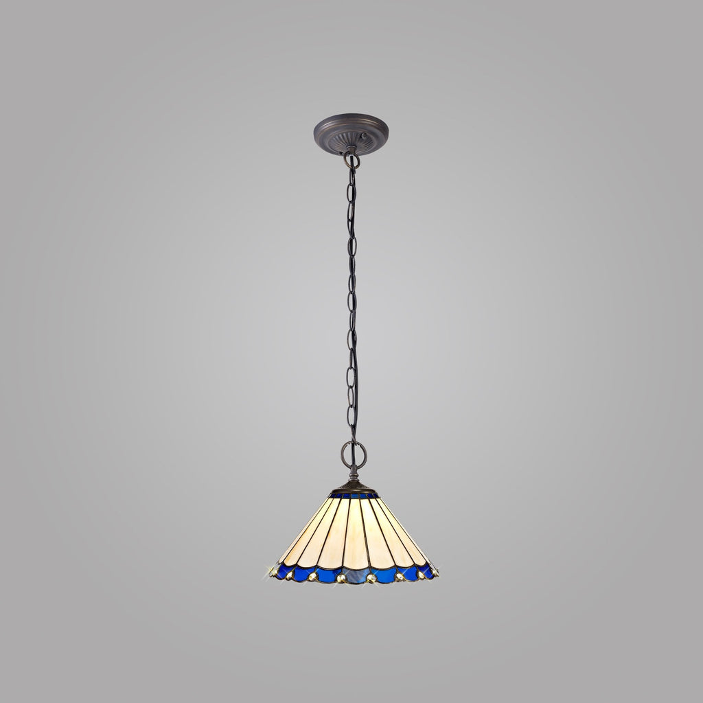 NLK03099 Umbrian 2 Light Down Lighter Pendant With 30cm Tiffany Shade Blue/Chrome/Crystal/Aged Antique Brass