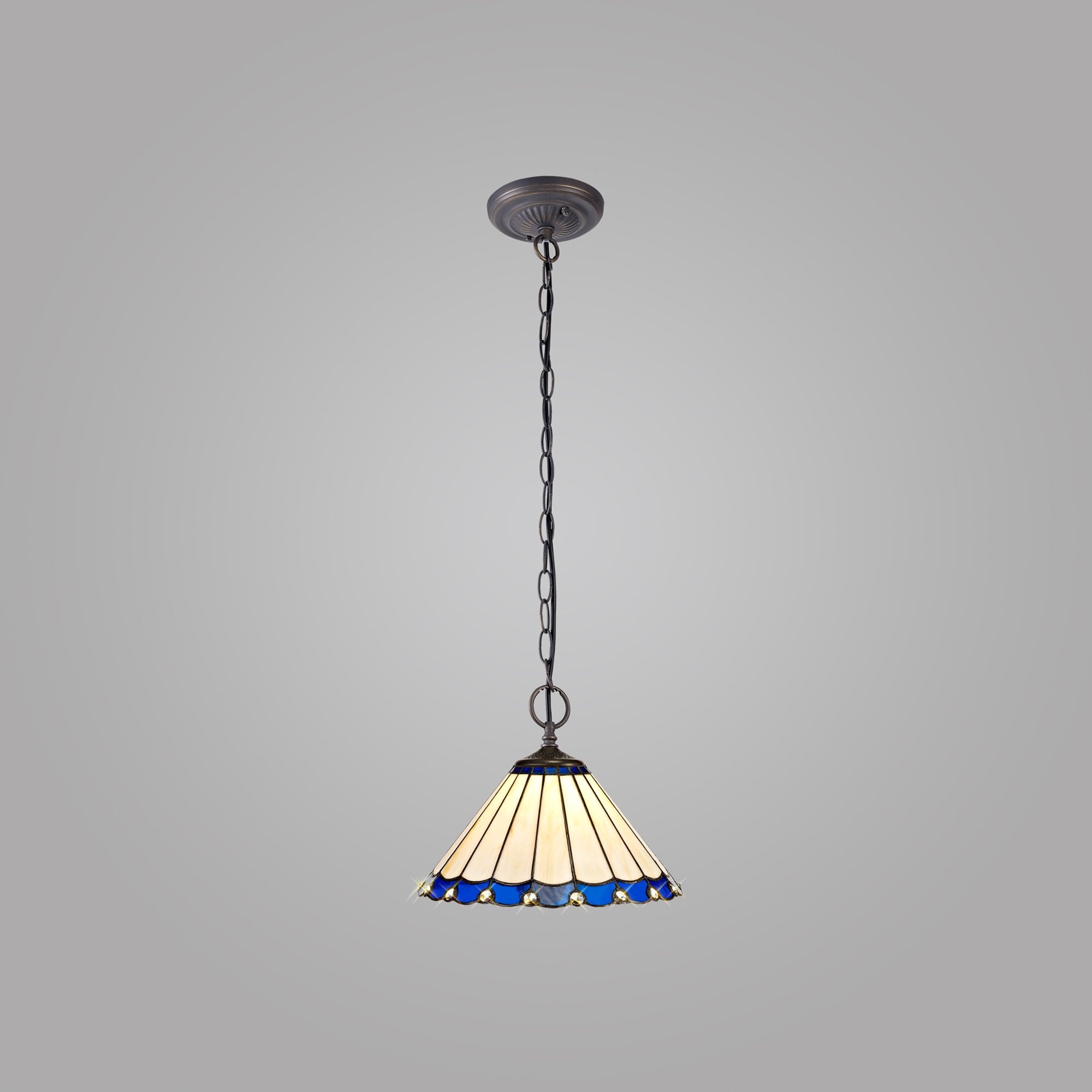 NLK03099 Umbrian 2 Light Down Lighter Pendant With 30cm Tiffany Shade Blue/Chrome/Crystal/Aged Antique Brass