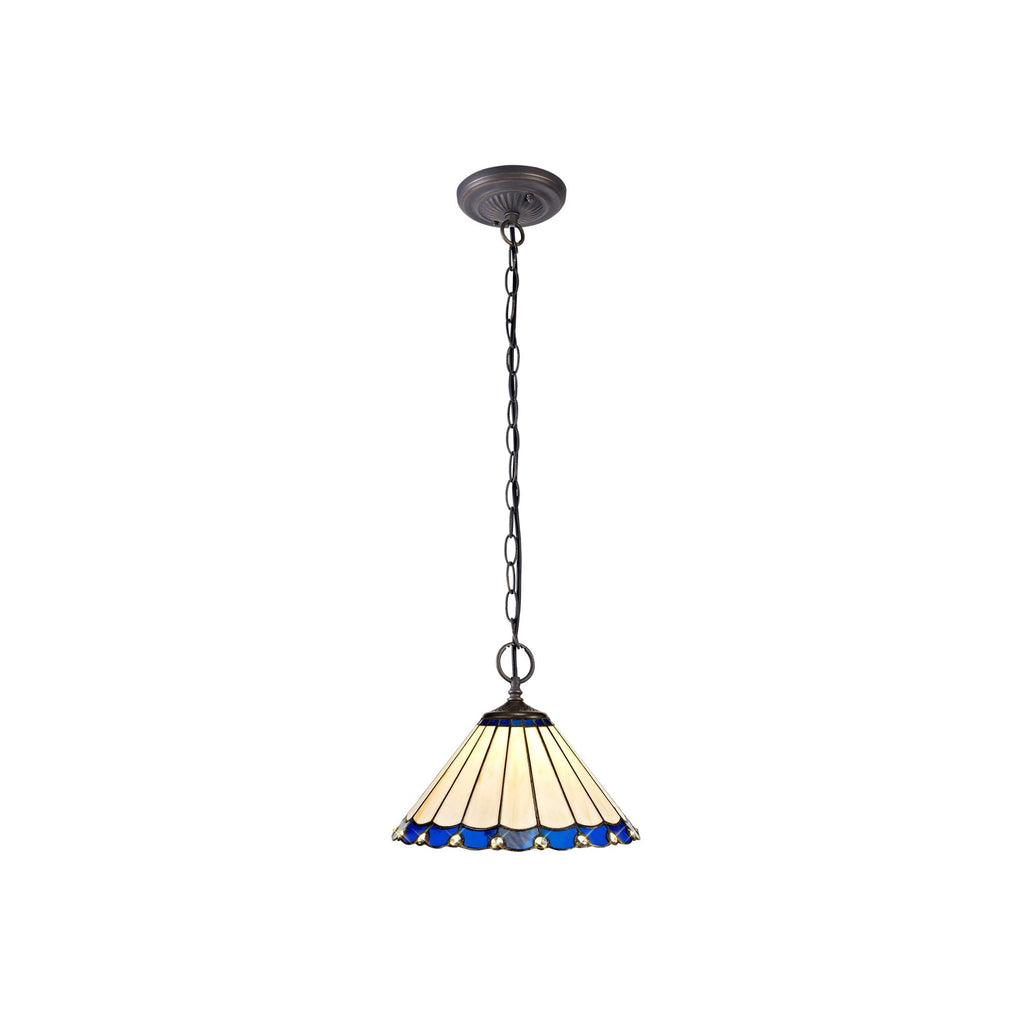 NLK03099 Umbrian 2 Light Down Lighter Pendant With 30cm Tiffany Shade Blue/Chrome/Crystal/Aged Antique Brass
