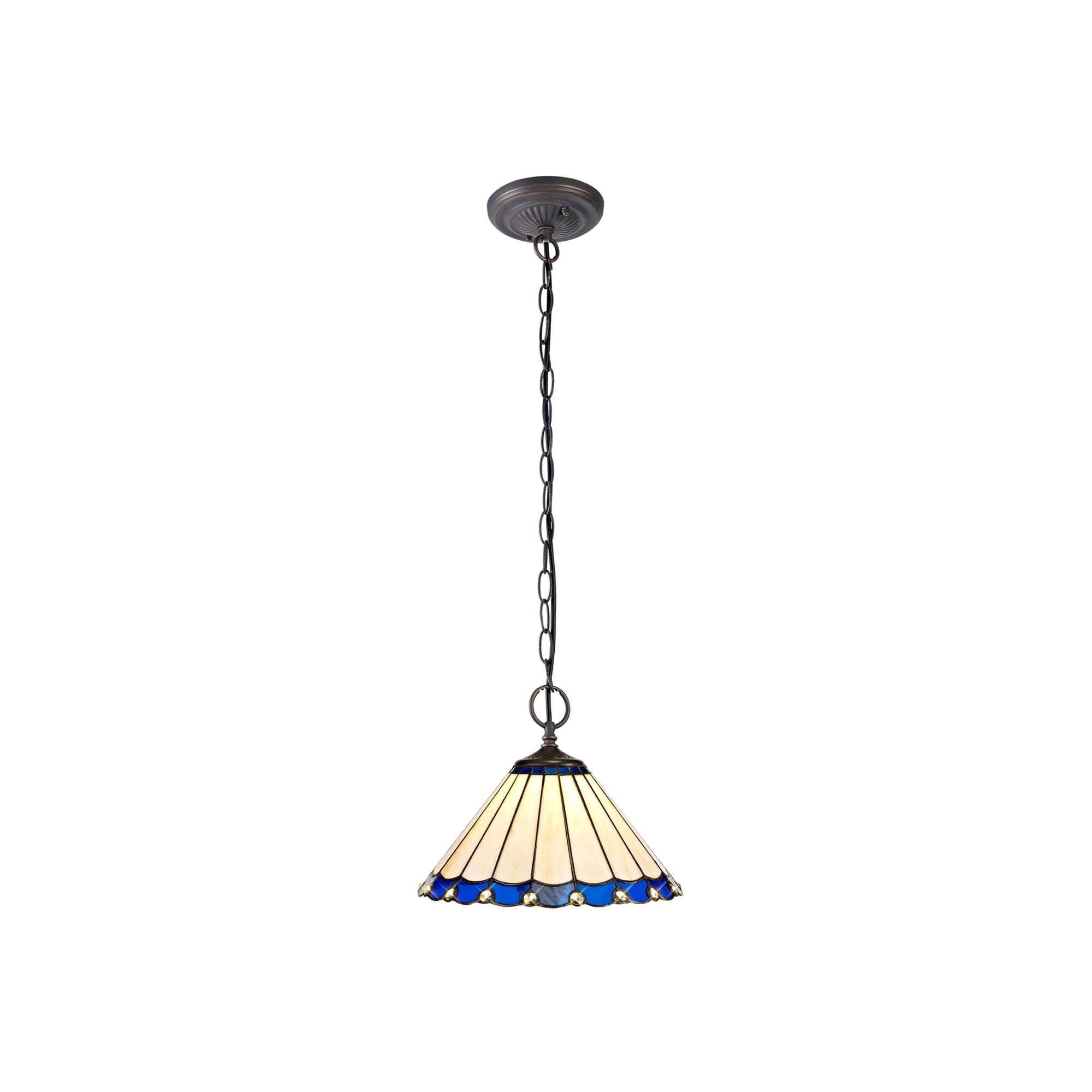 NLK03099 Umbrian 2 Light Down Lighter Pendant With 30cm Tiffany Shade Blue/Chrome/Crystal/Aged Antique Brass