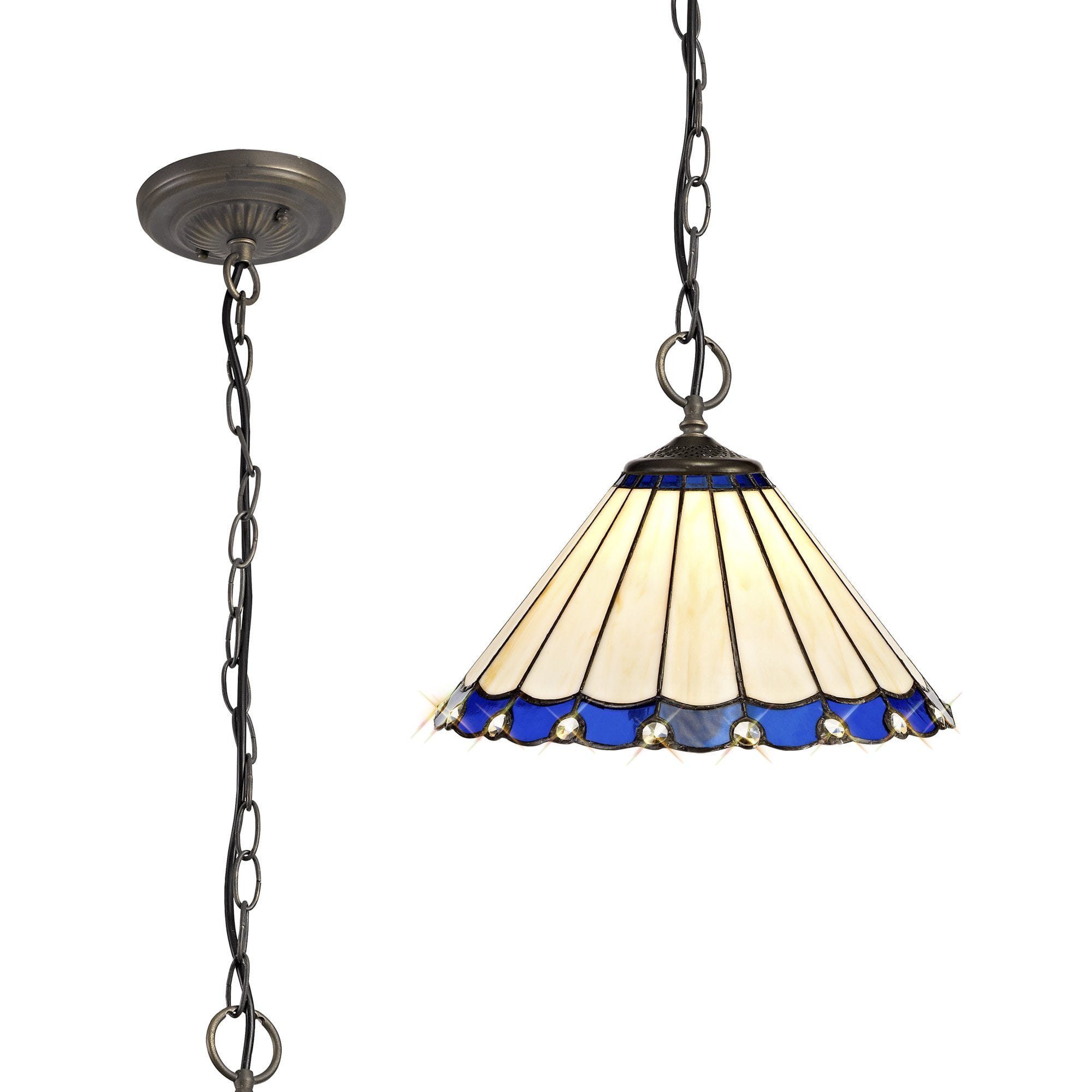 NLK03109 Umbrian 3 Light Down Lighter Pendant With 30cm Tiffany Shade Blue/Chrome/Crystal/Aged Antique Brass