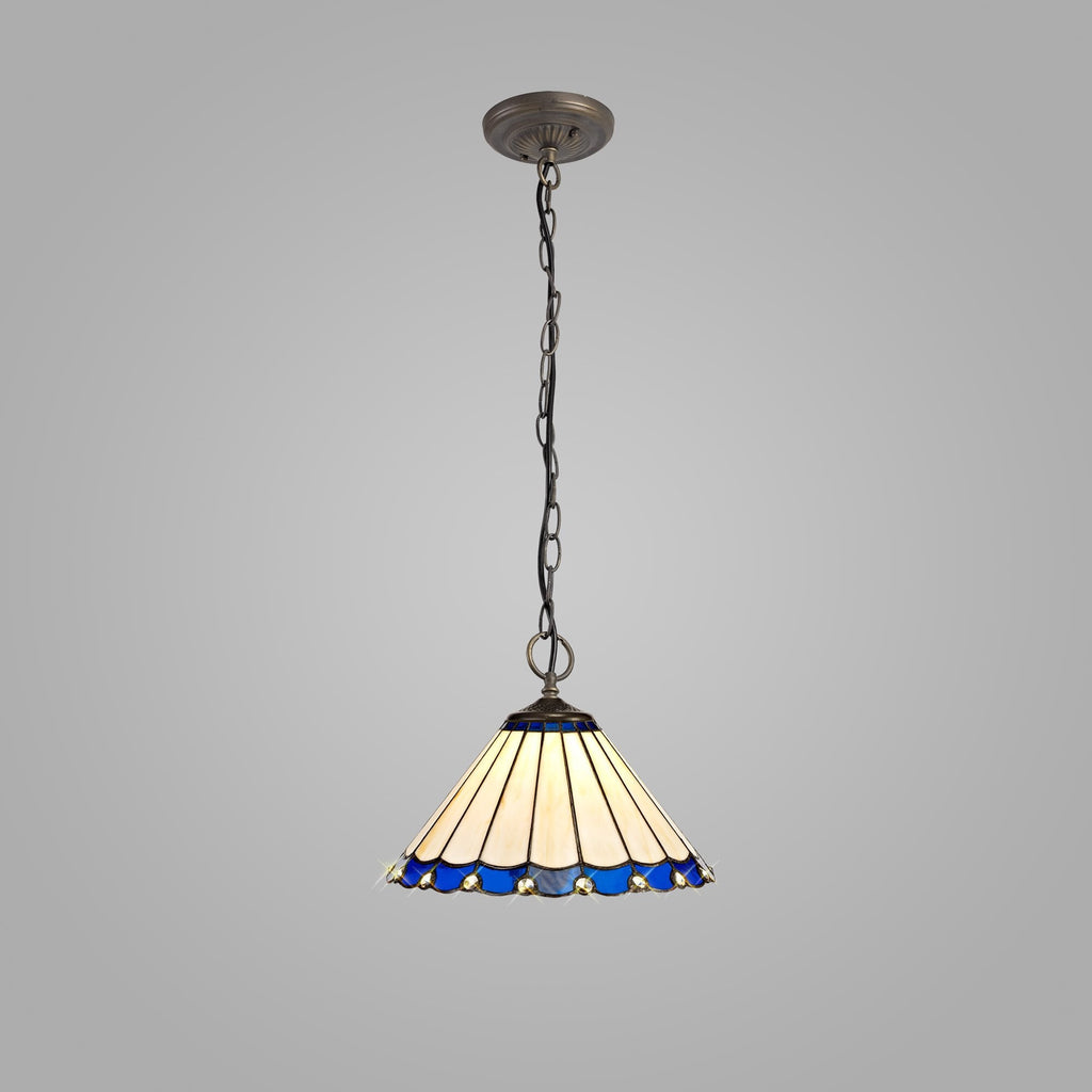 NLK03109 Umbrian 3 Light Down Lighter Pendant With 30cm Tiffany Shade Blue/Chrome/Crystal/Aged Antique Brass