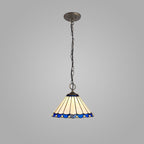 NLK03109 Umbrian 3 Light Down Lighter Pendant With 30cm Tiffany Shade Blue/Chrome/Crystal/Aged Antique Brass