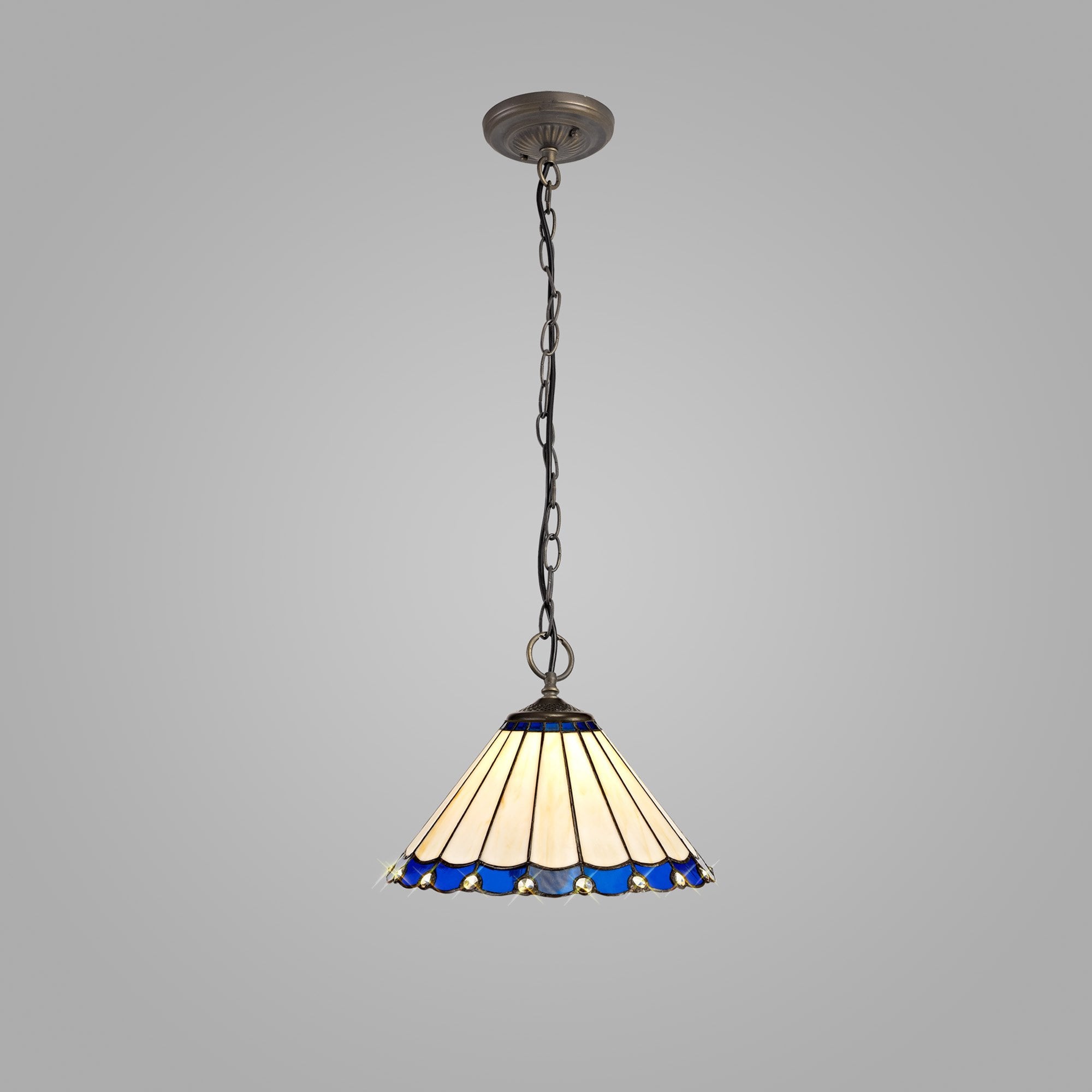 NLK03109 Umbrian 3 Light Down Lighter Pendant With 30cm Tiffany Shade Blue/Chrome/Crystal/Aged Antique Brass