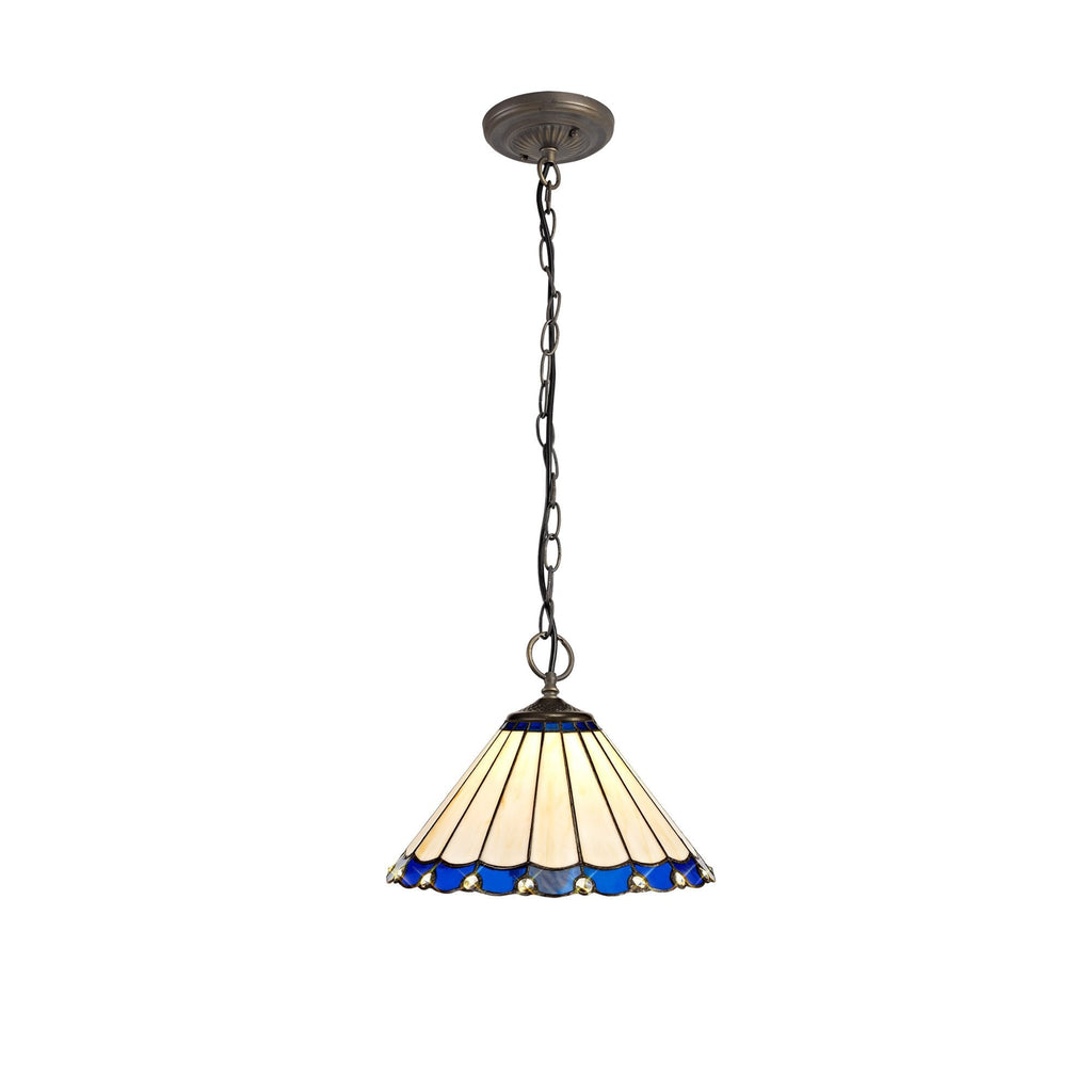 NLK03109 Umbrian 3 Light Down Lighter Pendant With 30cm Tiffany Shade Blue/Chrome/Crystal/Aged Antique Brass