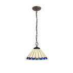NLK03109 Umbrian 3 Light Down Lighter Pendant With 30cm Tiffany Shade Blue/Chrome/Crystal/Aged Antique Brass