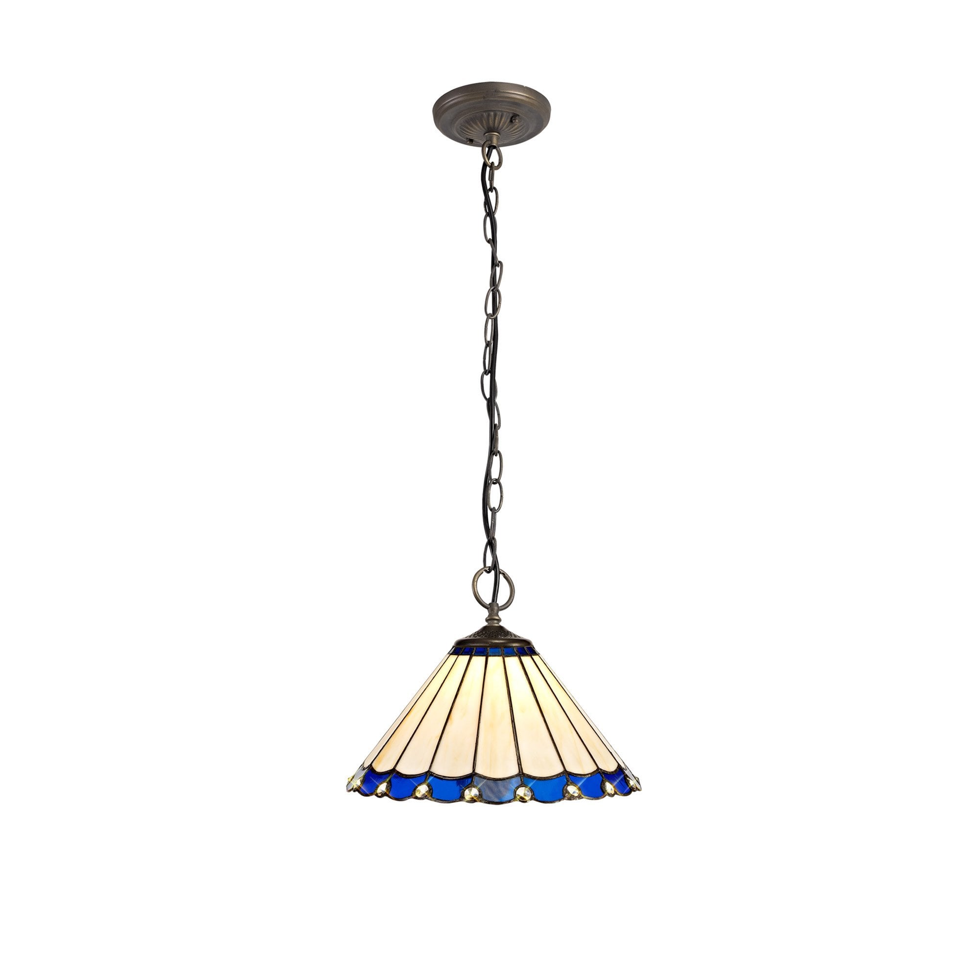 NLK03109 Umbrian 3 Light Down Lighter Pendant With 30cm Tiffany Shade Blue/Chrome/Crystal/Aged Antique Brass