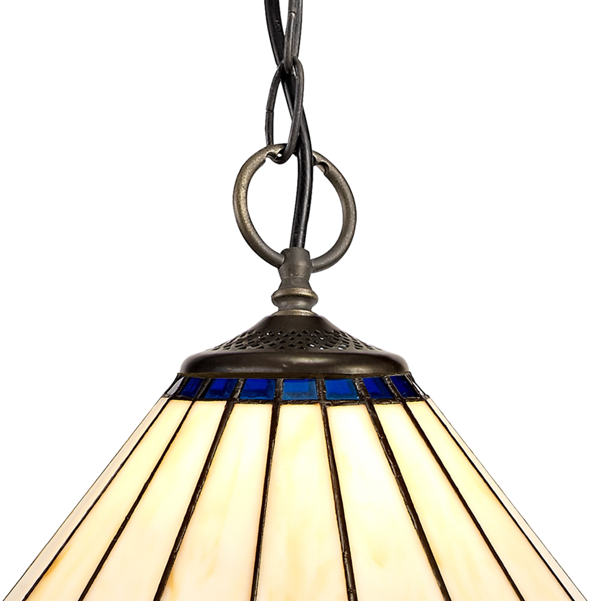 NLK03109 Umbrian 3 Light Down Lighter Pendant With 30cm Tiffany Shade Blue/Chrome/Crystal/Aged Antique Brass