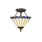 NLK03119 Umbrian 2 Light Semi Ceiling With 30cm Tiffany Shade Blue/Chrome/Crystal/Aged Antique Brass
