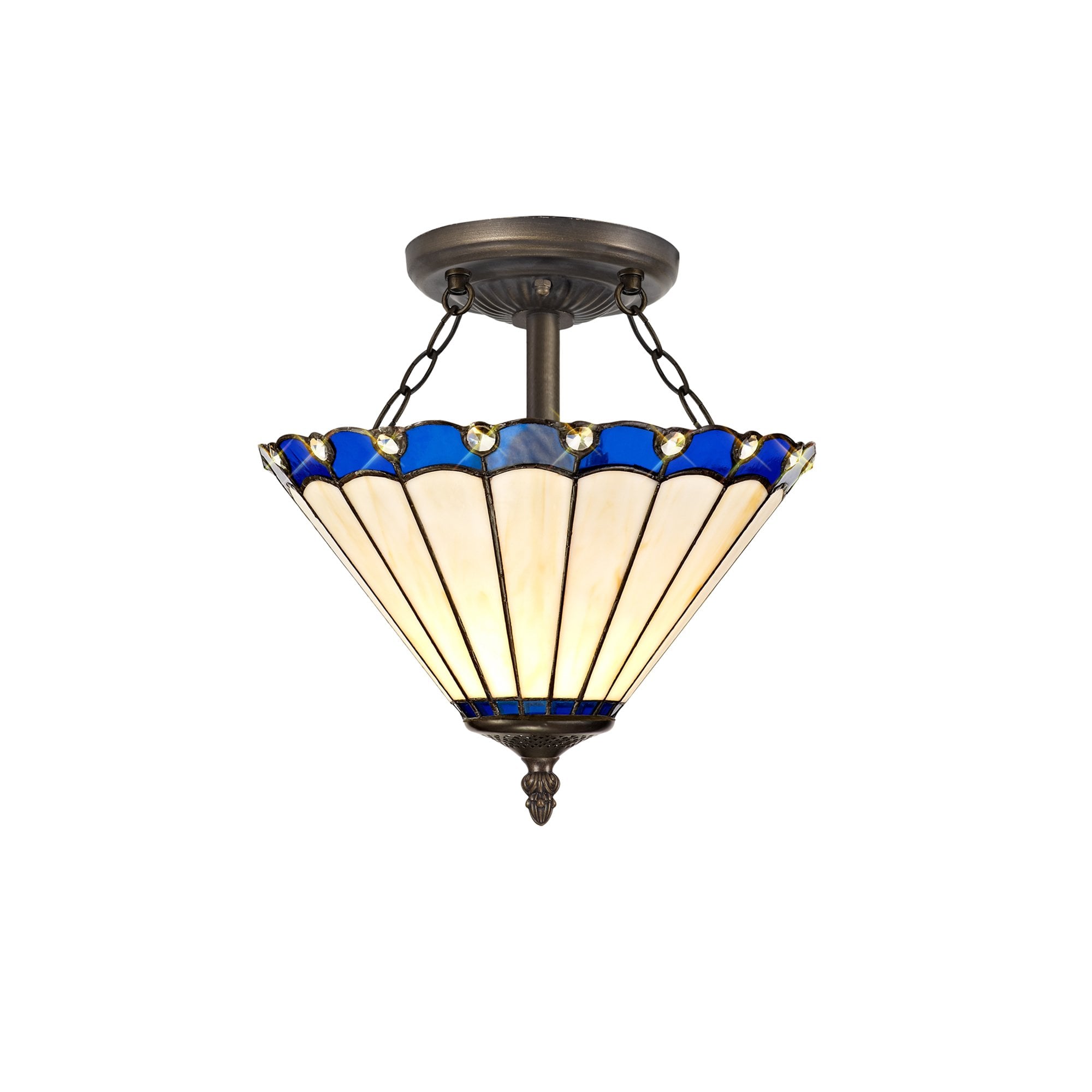 NLK03119 Umbrian 2 Light Semi Ceiling With 30cm Tiffany Shade Blue/Chrome/Crystal/Aged Antique Brass
