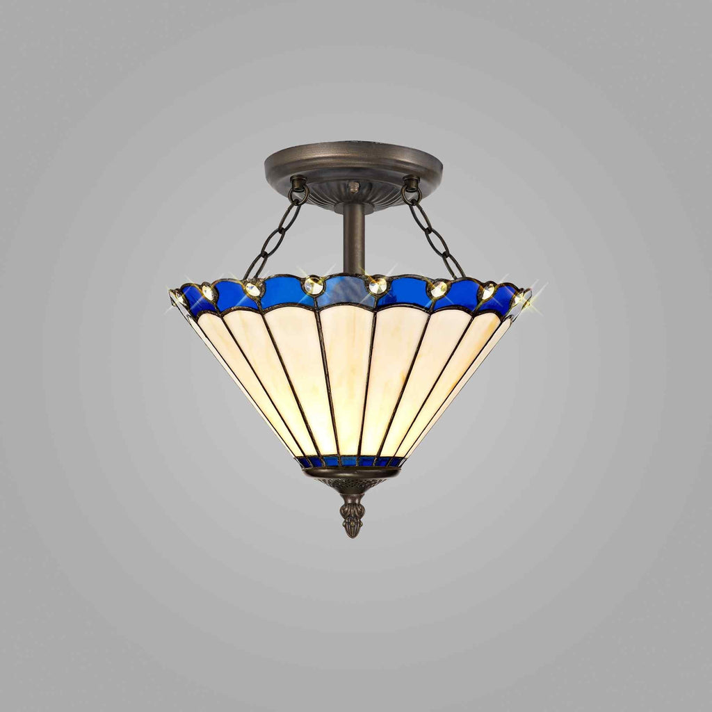 NLK03119 Umbrian 2 Light Semi Ceiling With 30cm Tiffany Shade Blue/Chrome/Crystal/Aged Antique Brass