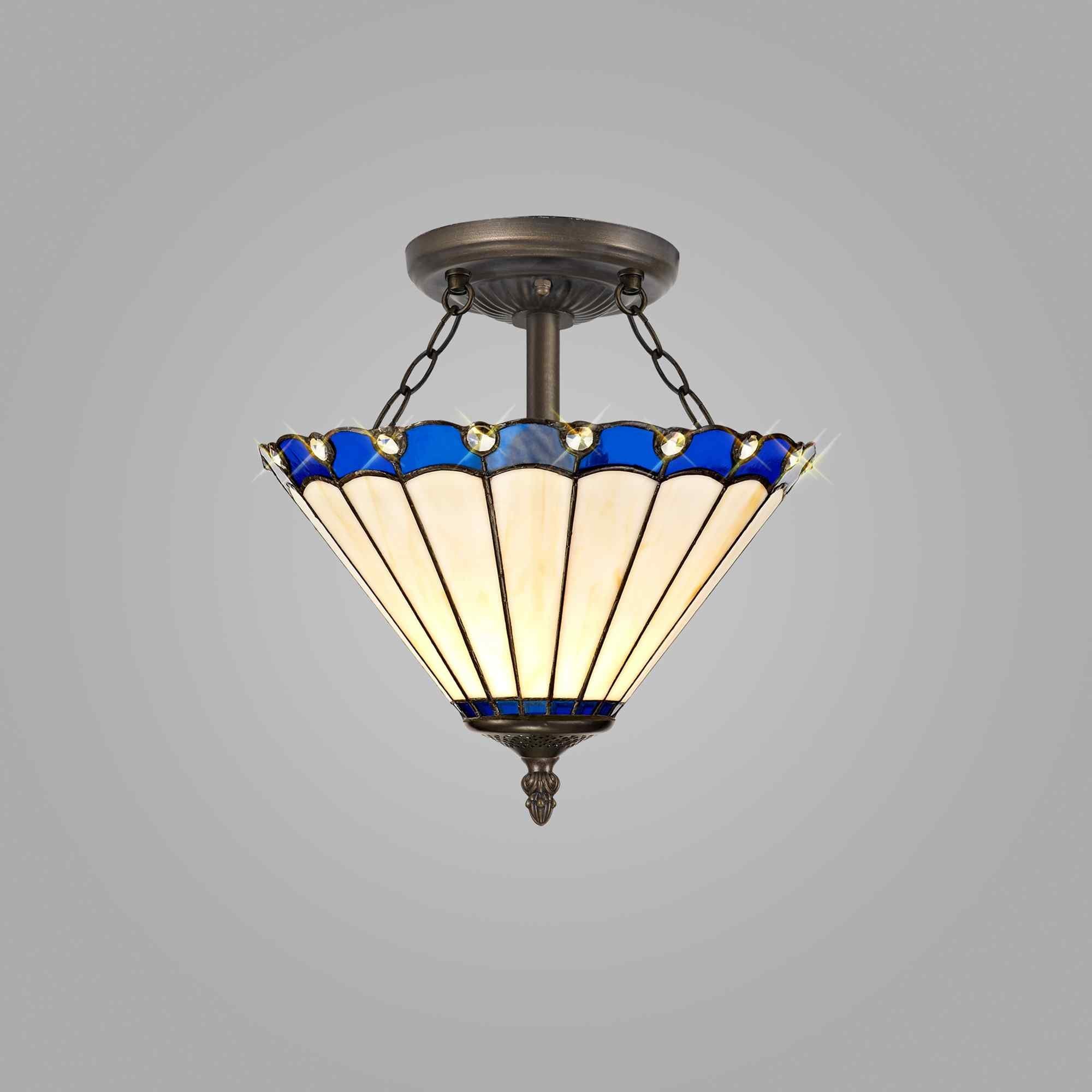 NLK03119 Umbrian 2 Light Semi Ceiling With 30cm Tiffany Shade Blue/Chrome/Crystal/Aged Antique Brass