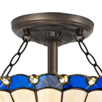 NLK03119 Umbrian 2 Light Semi Ceiling With 30cm Tiffany Shade Blue/Chrome/Crystal/Aged Antique Brass