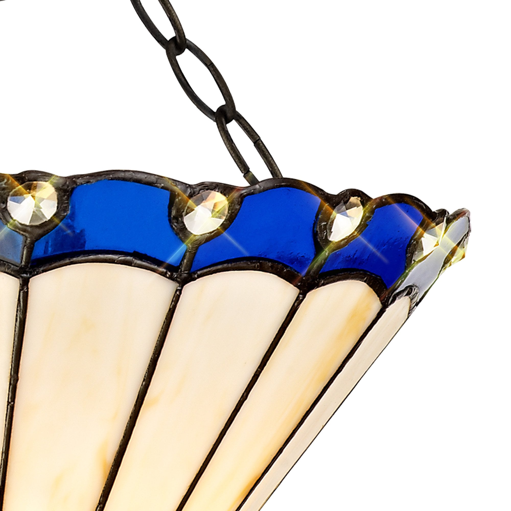 NLK03119 Umbrian 2 Light Semi Ceiling With 30cm Tiffany Shade Blue/Chrome/Crystal/Aged Antique Brass
