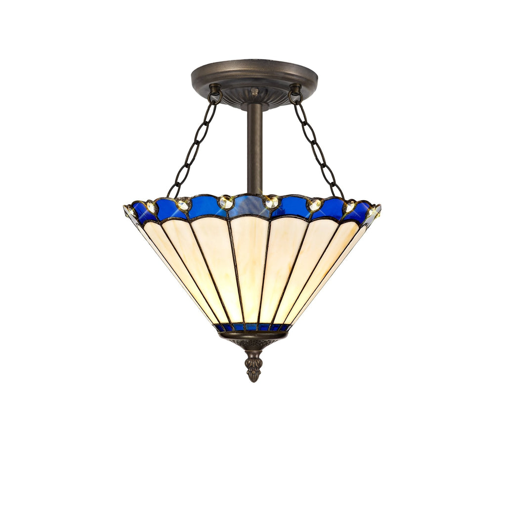 NLK03129 Umbrian 3 Light Semi Ceiling With 30cm Tiffany Shade Blue/Chrome/Crystal/Aged Antique Brass