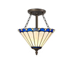 NLK03129 Umbrian 3 Light Semi Ceiling With 30cm Tiffany Shade Blue/Chrome/Crystal/Aged Antique Brass