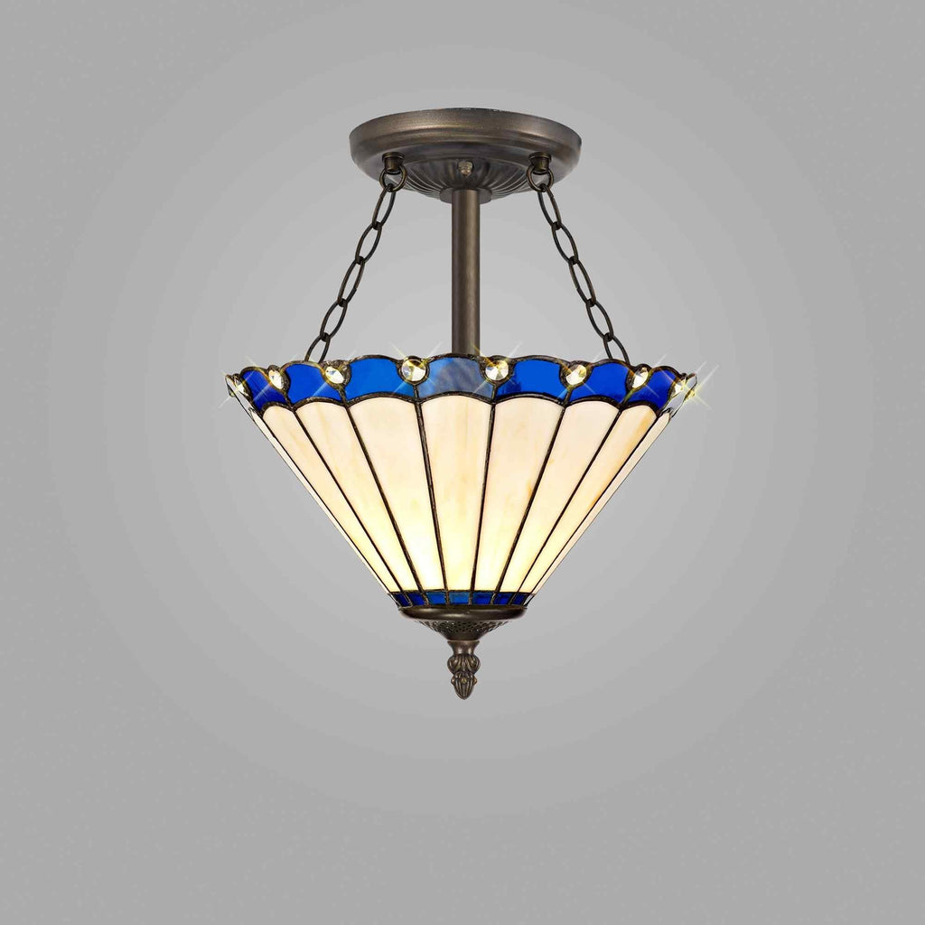 NLK03129 Umbrian 3 Light Semi Ceiling With 30cm Tiffany Shade Blue/Chrome/Crystal/Aged Antique Brass