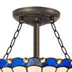 NLK03129 Umbrian 3 Light Semi Ceiling With 30cm Tiffany Shade Blue/Chrome/Crystal/Aged Antique Brass