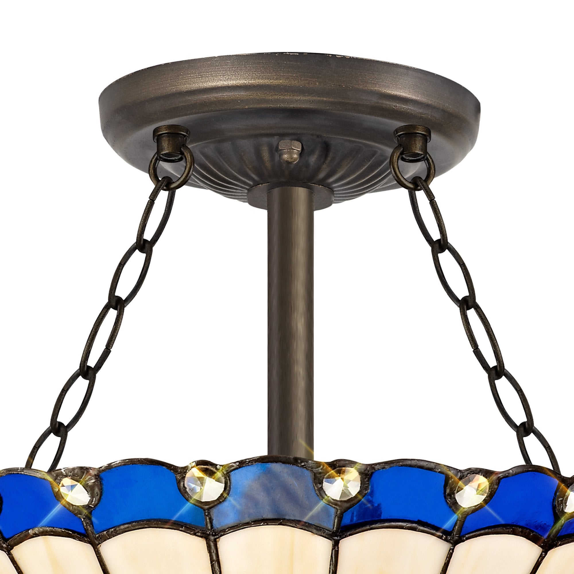 NLK03129 Umbrian 3 Light Semi Ceiling With 30cm Tiffany Shade Blue/Chrome/Crystal/Aged Antique Brass